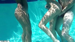 Two hotties in bikinis fuck a guy in and out of the pool